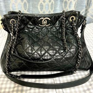Chanel XL glazed black leather shoulder/crossbody